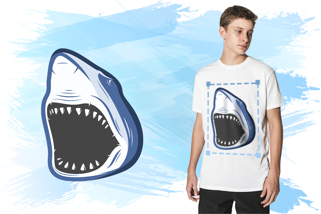 A male model wearing a T-shirt with a shark